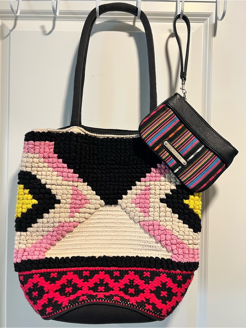 Express Multicolor Woven Tote with Matching Striped Wristlet